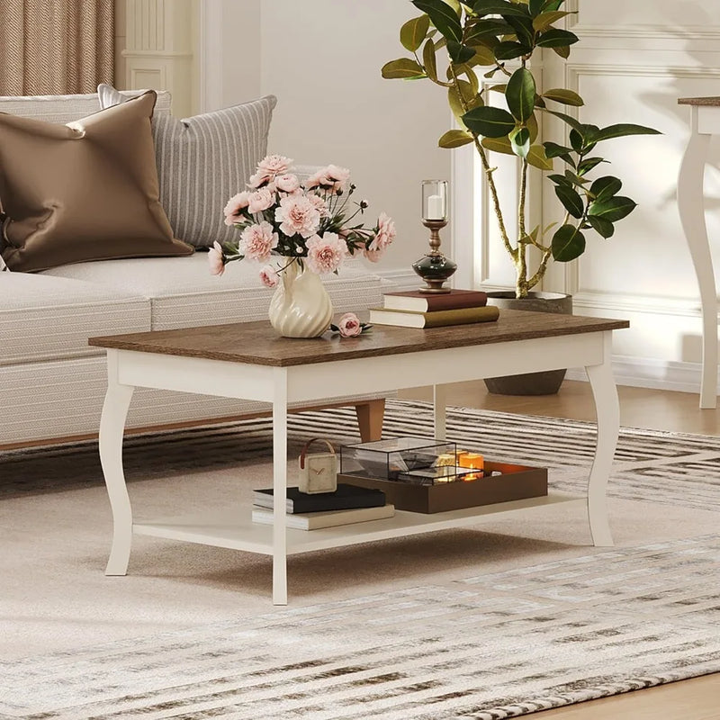 Rustic Coffee Table With Curved Legs And Shelf Centerpiece