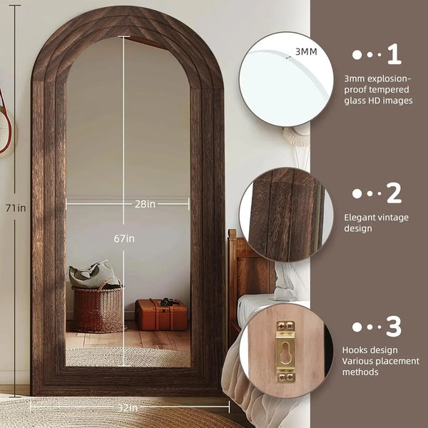 Arched full-length farmhouse mirror with a solid wood frame, 71x32 inches, wall-mounted.