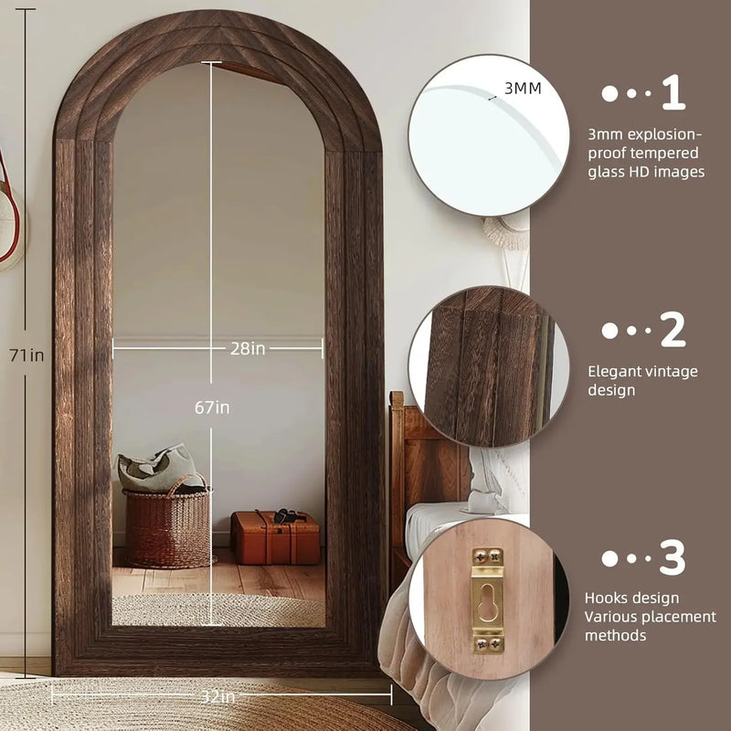 Arched full-length farmhouse mirror with a solid wood frame, 71x32 inches, wall-mounted.