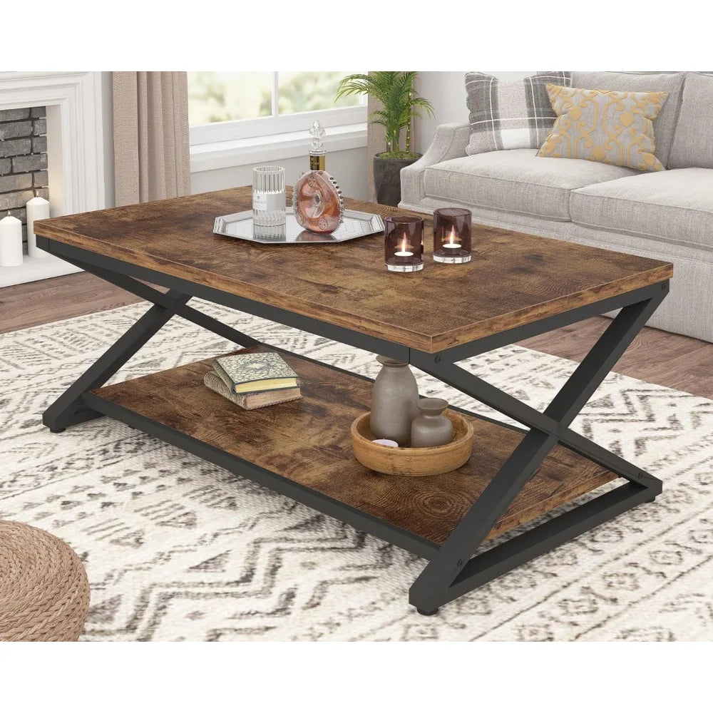 Wood Coffee Table With Storage For Living Room Farmhouse