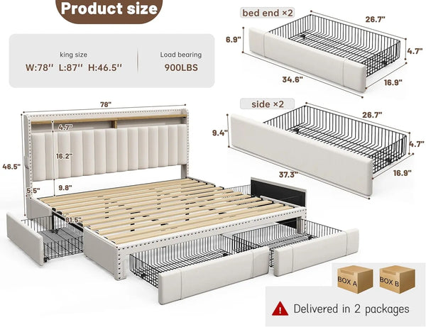 Upholstered Bed Frame With Storage Drawers And Shelves