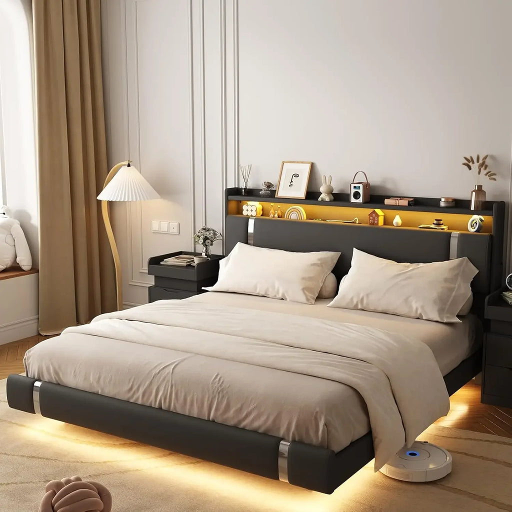 Floating Bed Frame With LED Charging Storage Headboard