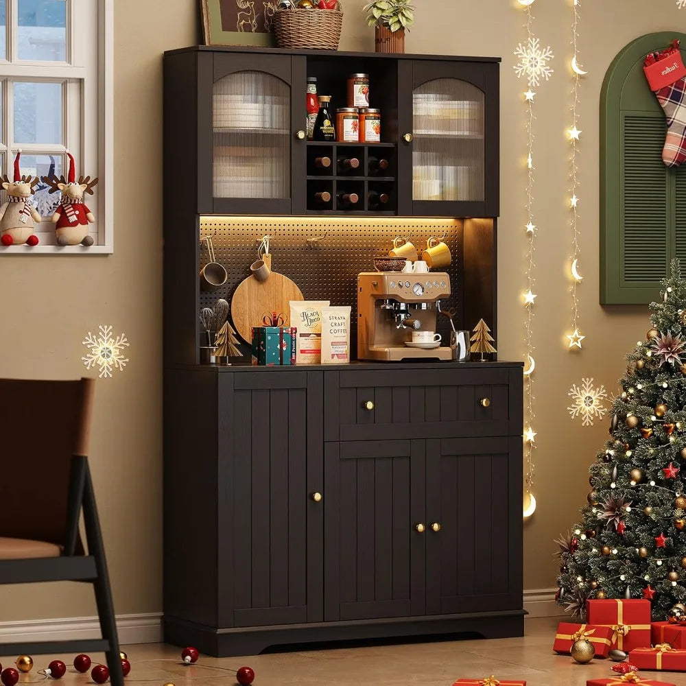 Kitchen Pantry Cabinet With Microwave Shelf And LED Light