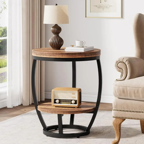 Round End Table Two Tier Metal Frame With Storage Shelves