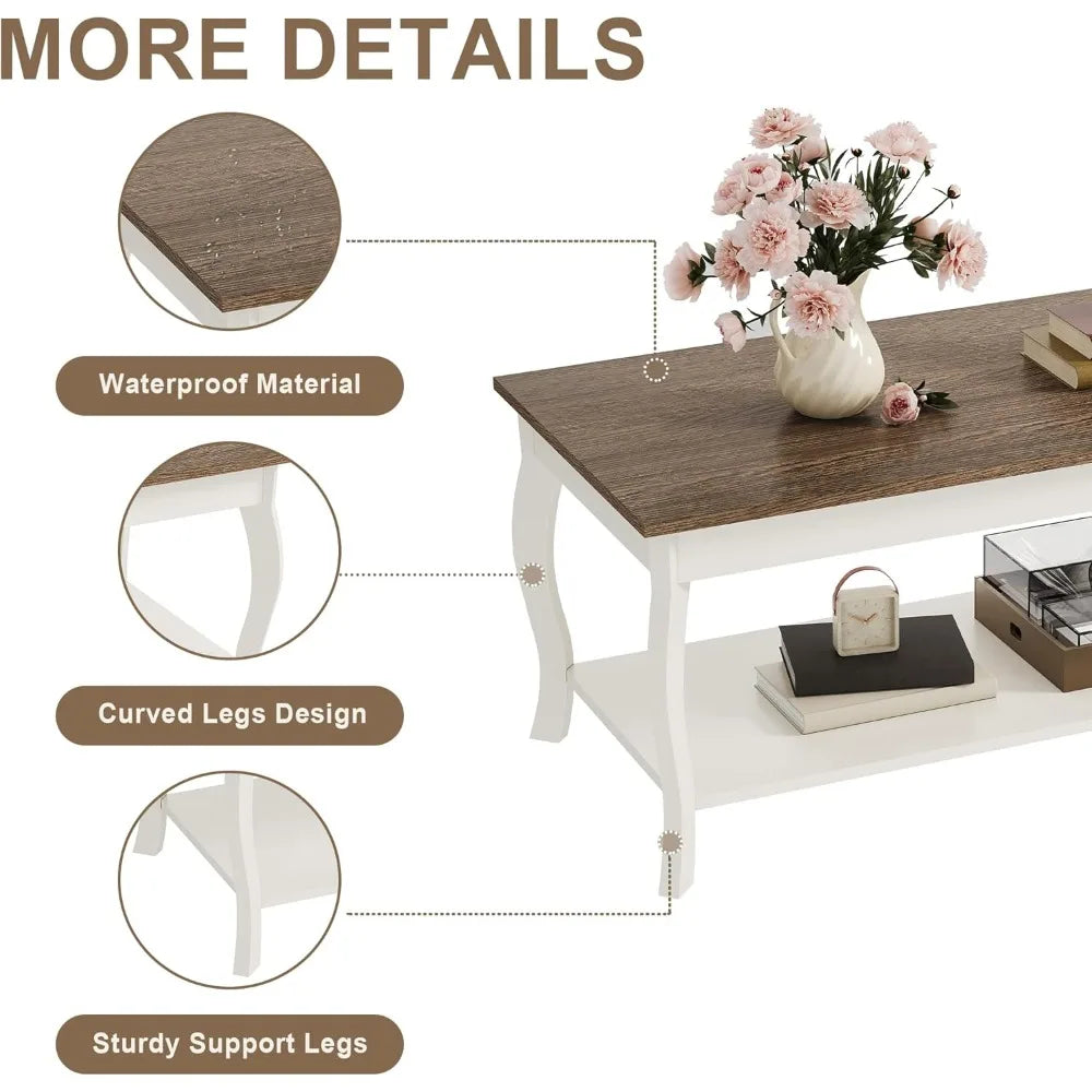 Rustic Coffee Table With Curved Legs And Shelf Centerpiece