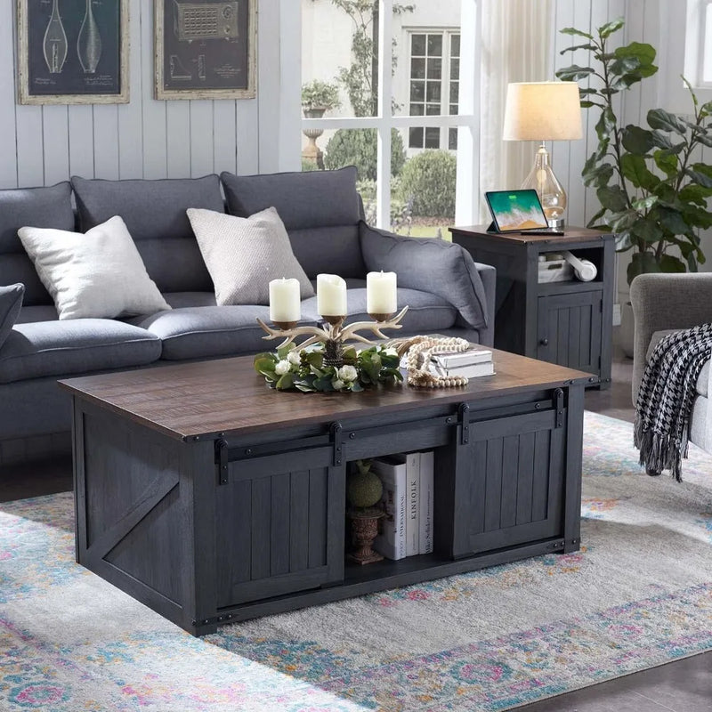 Rustic Lift Top Coffee Table With Barn Door Storage