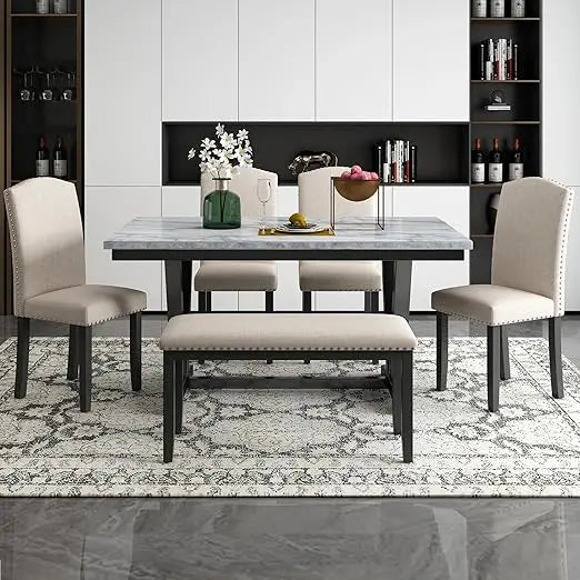 Solid Wood Faux Marble Dining Table Set With Bench