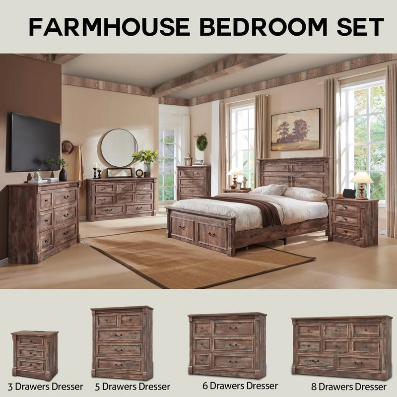 Farmhouse Wood Bed Frame With Tall Headboard And Storage