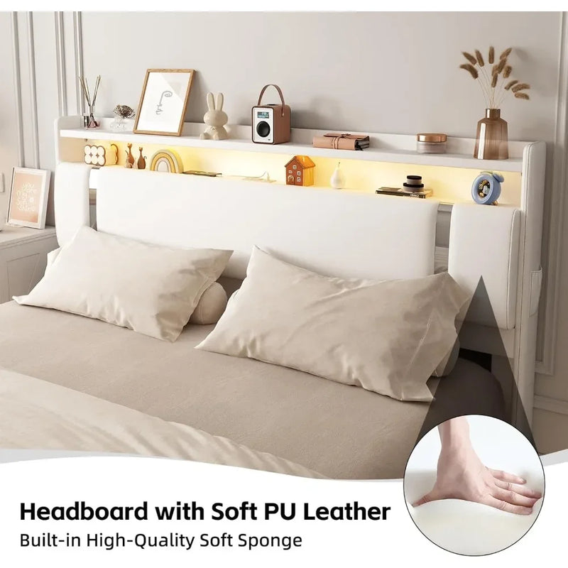 Floating Bed Frame With LED Charging Storage Headboard