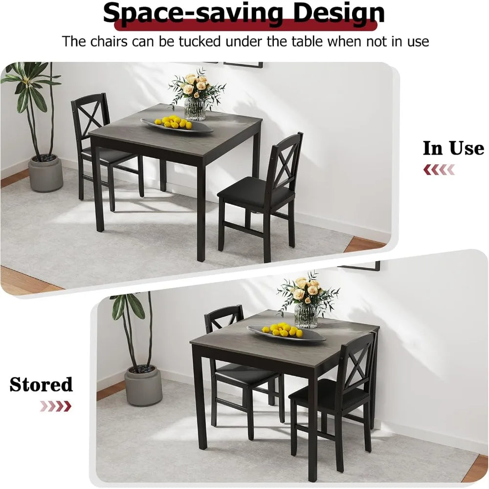 mid-century modern dining table set for 2, wooden kitchen table & 2 chairs with padded seats, 3-piece compact dining set for sm