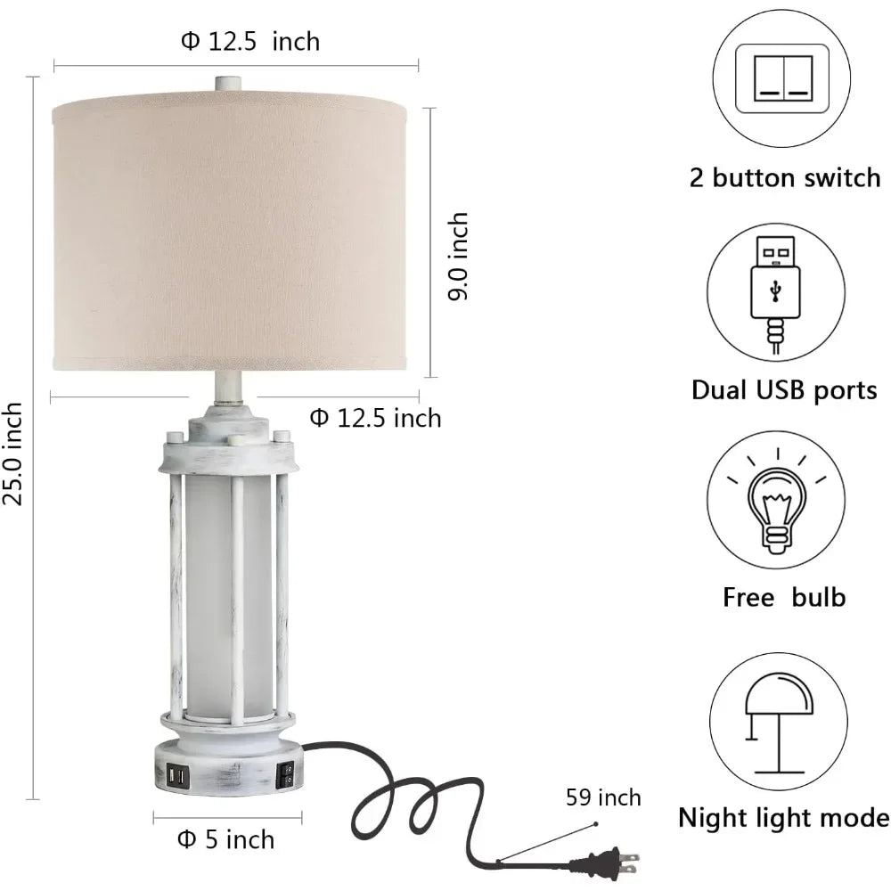 Rustic Farmhouse Table Lamps Set Of 2 With USB Ports
