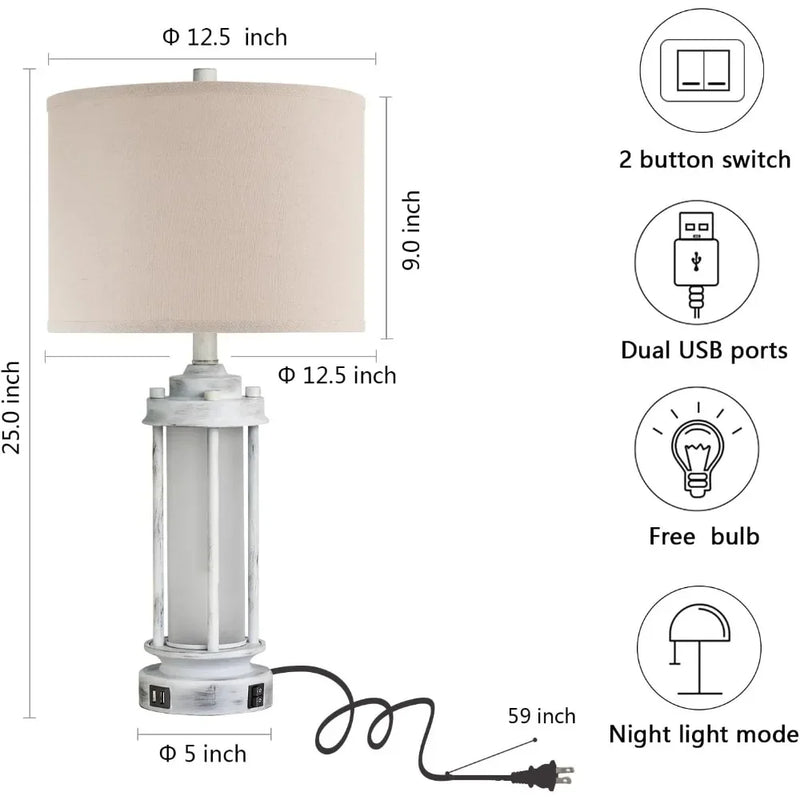 Rustic Farmhouse Table Lamps Set Of 2 With USB Ports