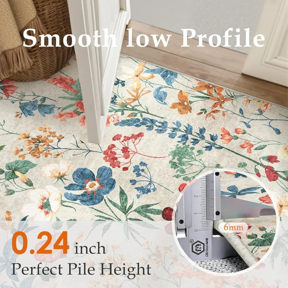 Floral Bohemian Area Rug Washable Non Slip Low Pile Carpet