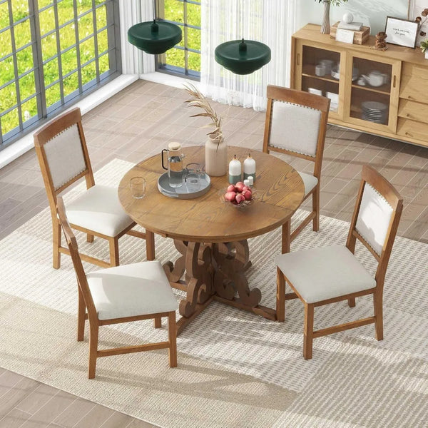 Retro Dining Set Extendable Table And Upholstered Chairs
