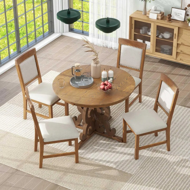 Retro Dining Set Extendable Table And Upholstered Chairs