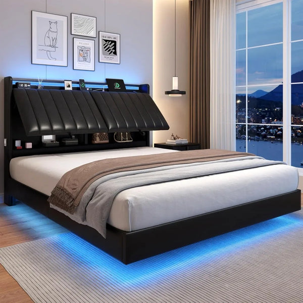 Floating Bed Frame With Storage Headboard And LED Lights