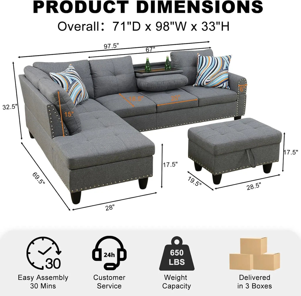Modern Sectional Sofa With Chaise Ottoman And Pillows