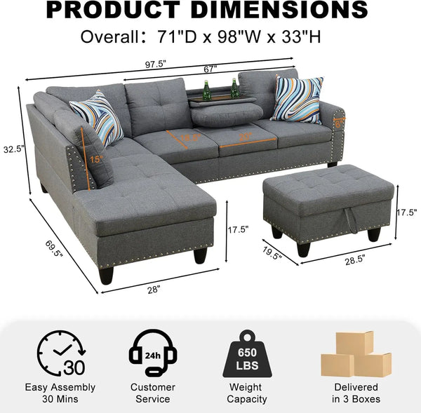 Modern Sectional Sofa With Chaise Ottoman And Pillows