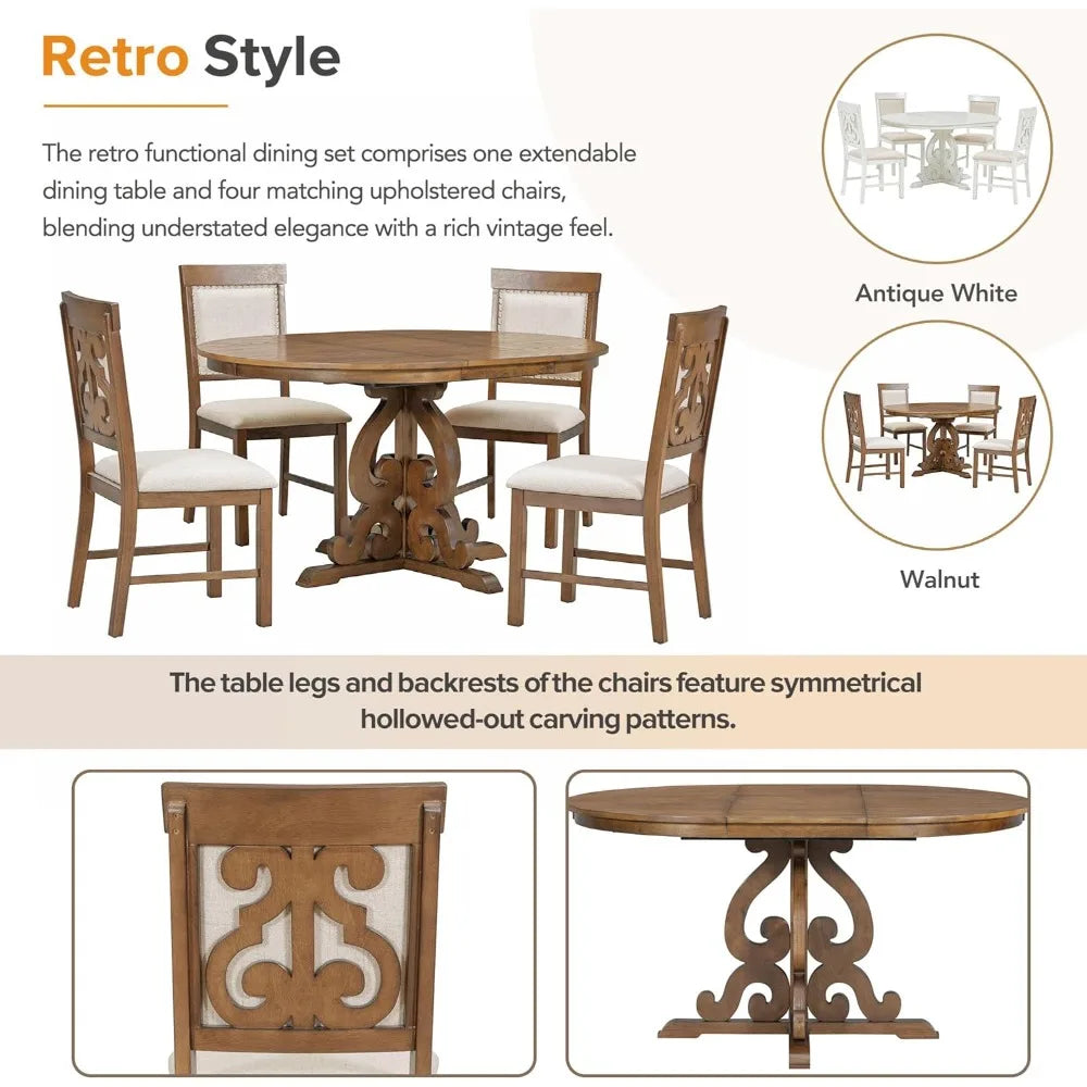 Retro Dining Set Extendable Table And Upholstered Chairs
