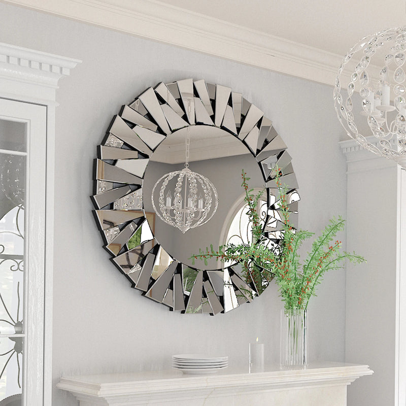 Sunburst Round Wall Mirror Beveled Glass Silver Decor