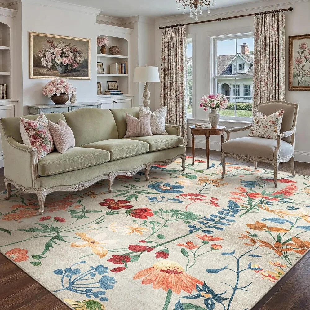 Floral Bohemian Area Rug Washable Non Slip Low Pile Carpet
