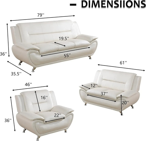 Modern 3 Piece Faux Leather Living Room Couch Set