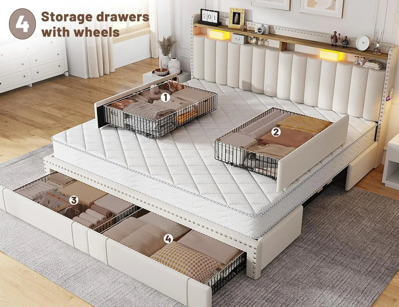 Upholstered Bed Frame With Storage Drawers And Shelves