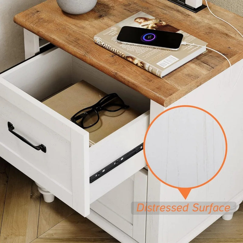 Small farmhouse nightstand with charging station for bedroom