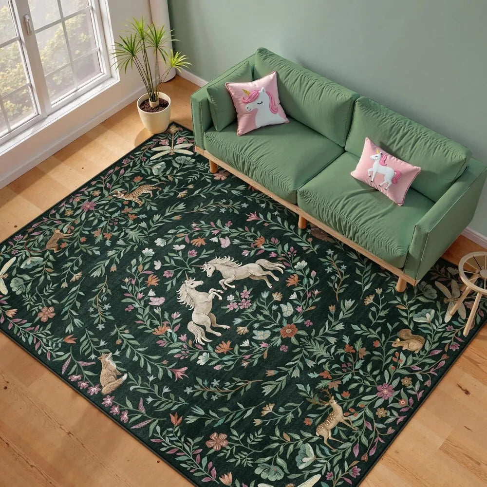 Machine Washable Non Slip Low Pile Rugs With Unicorn Motifs
