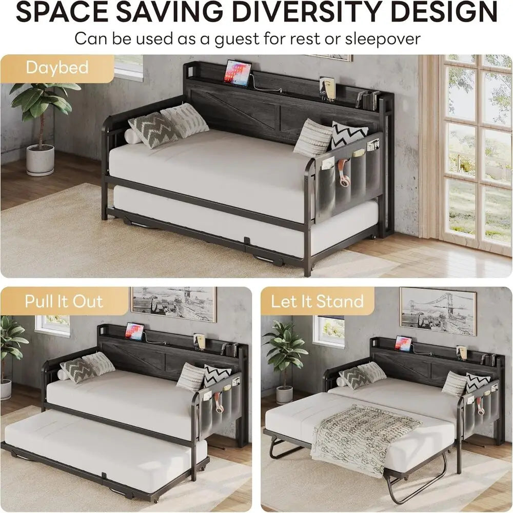 Daybed With Trundle And Storage Headboard With USB Charging