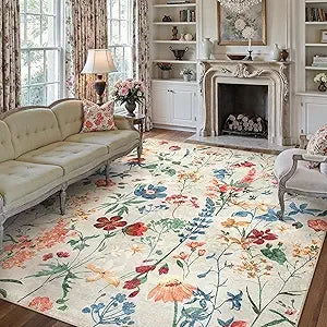 Floral Bohemian Area Rug Washable Non Slip Low Pile Carpet