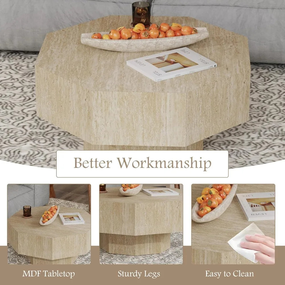Modern Octagonal Travertine Coffee Tables for Living Room
