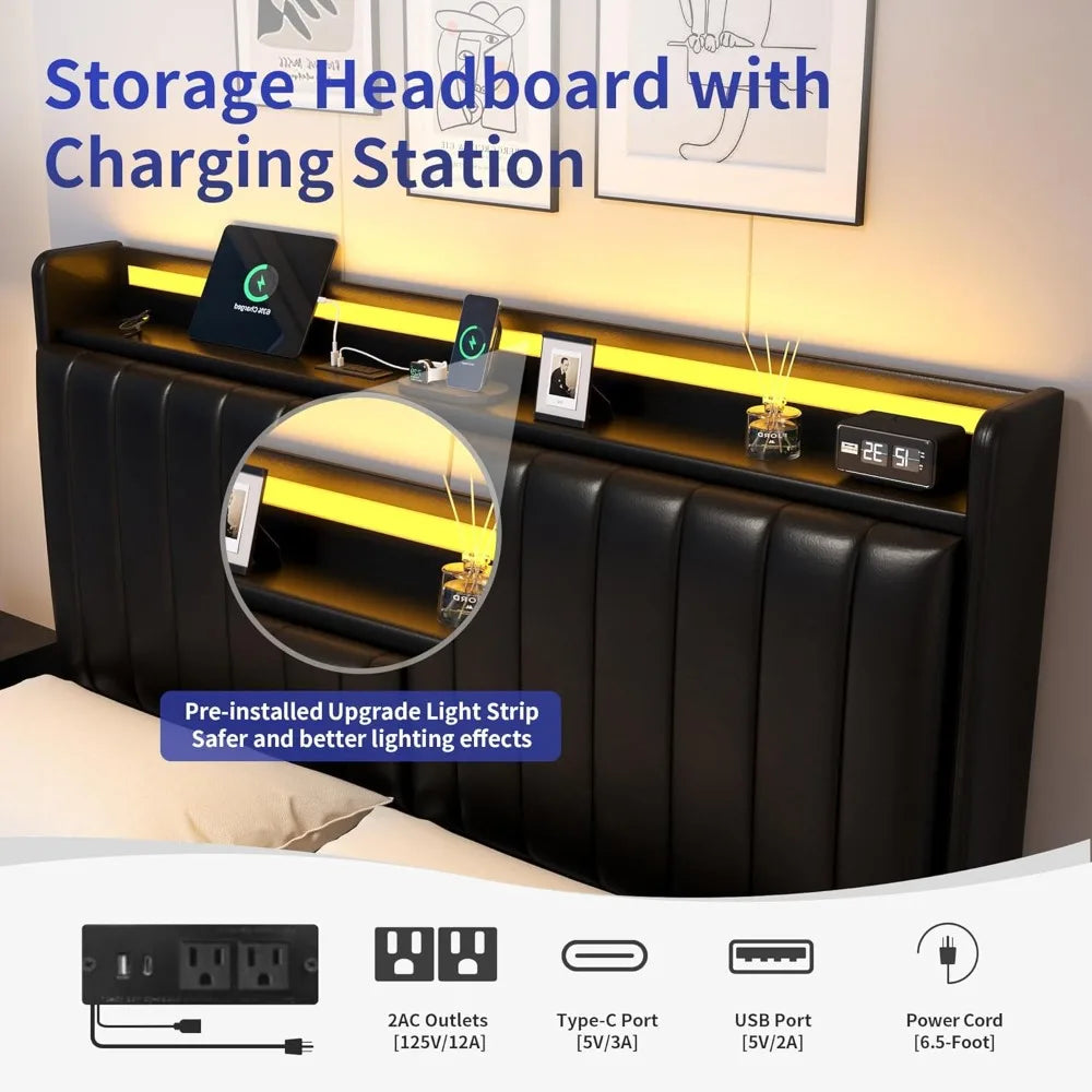 Floating Bed Frame With Storage Headboard And LED Lights