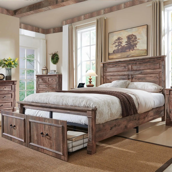 Farmhouse Wood Bed Frame With Tall Headboard And Storage