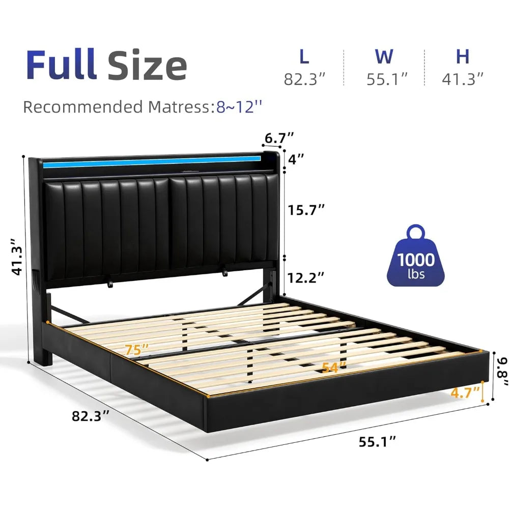 Floating Bed Frame With Storage Headboard And LED Lights