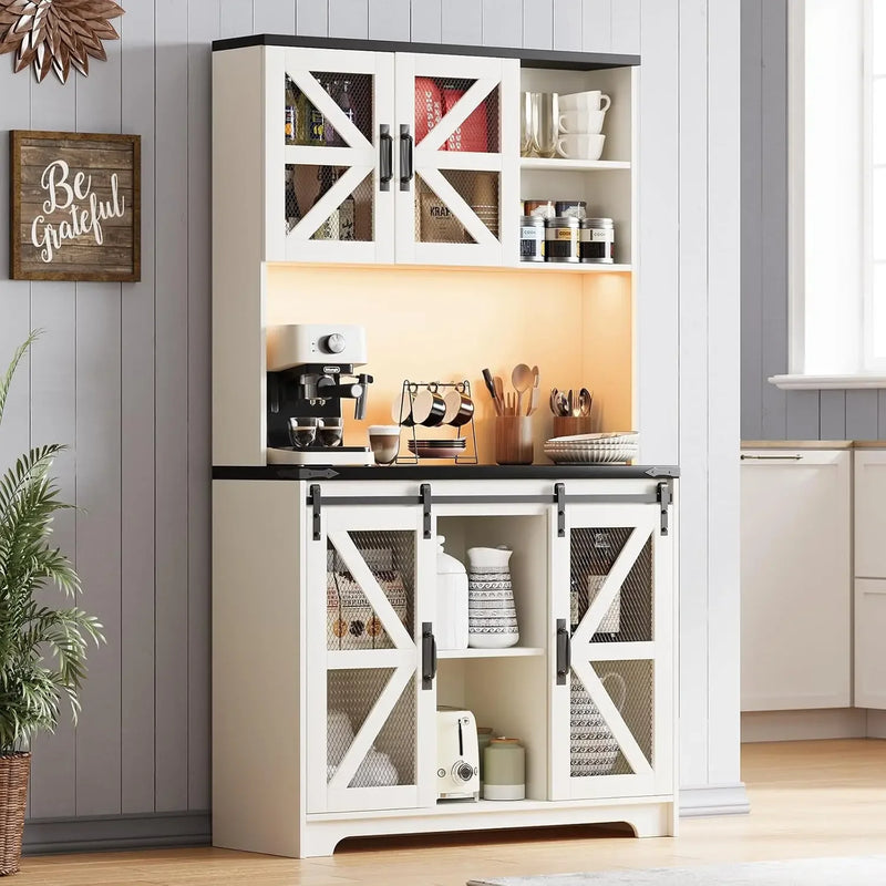 Freestanding Kitchen Pantry Hutch With Led Lights And Outlet