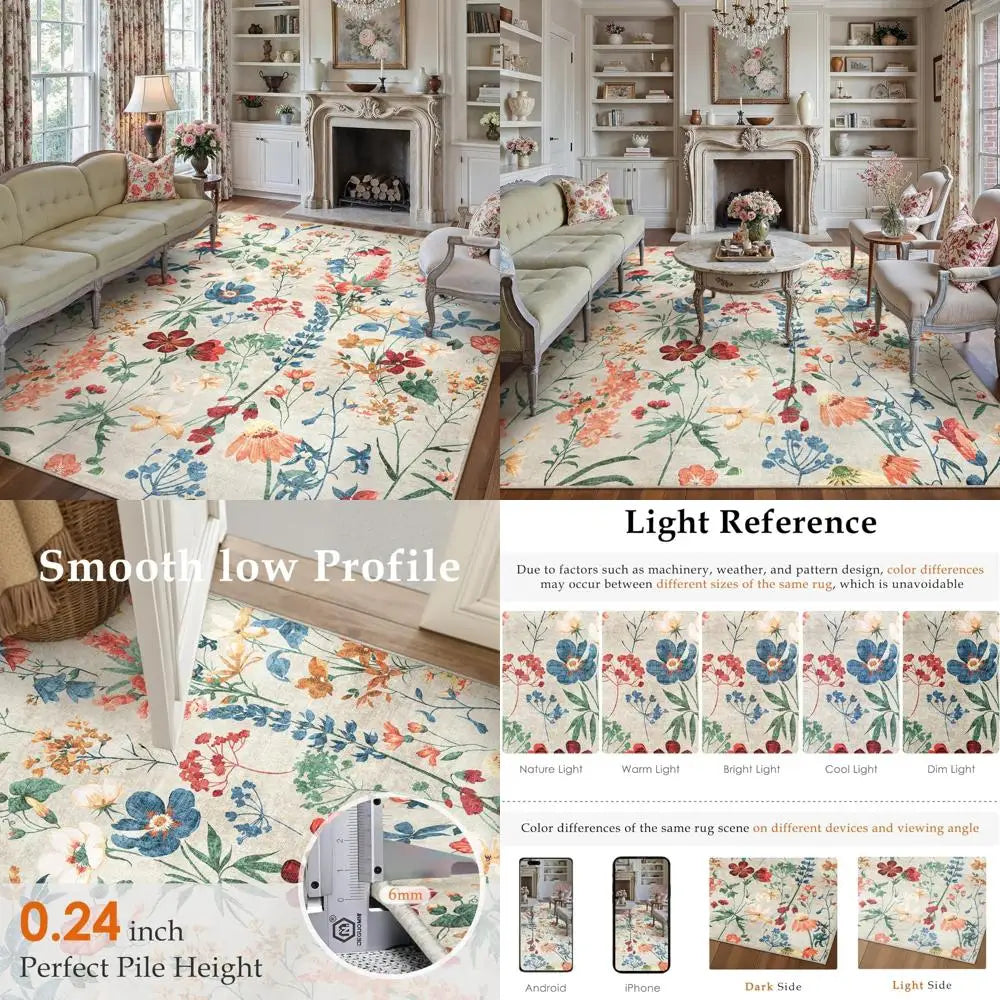 Floral Bohemian Area Rug Washable Non Slip Low Pile Carpet