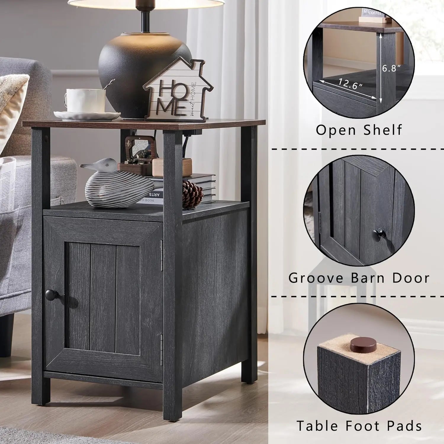 Farmhouse Nightstand Set of 2 With Charging Station Rustic