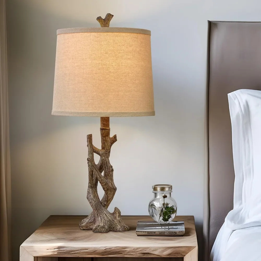 Rustic Farmhouse Table Lamp With Wood Grain Nightstand