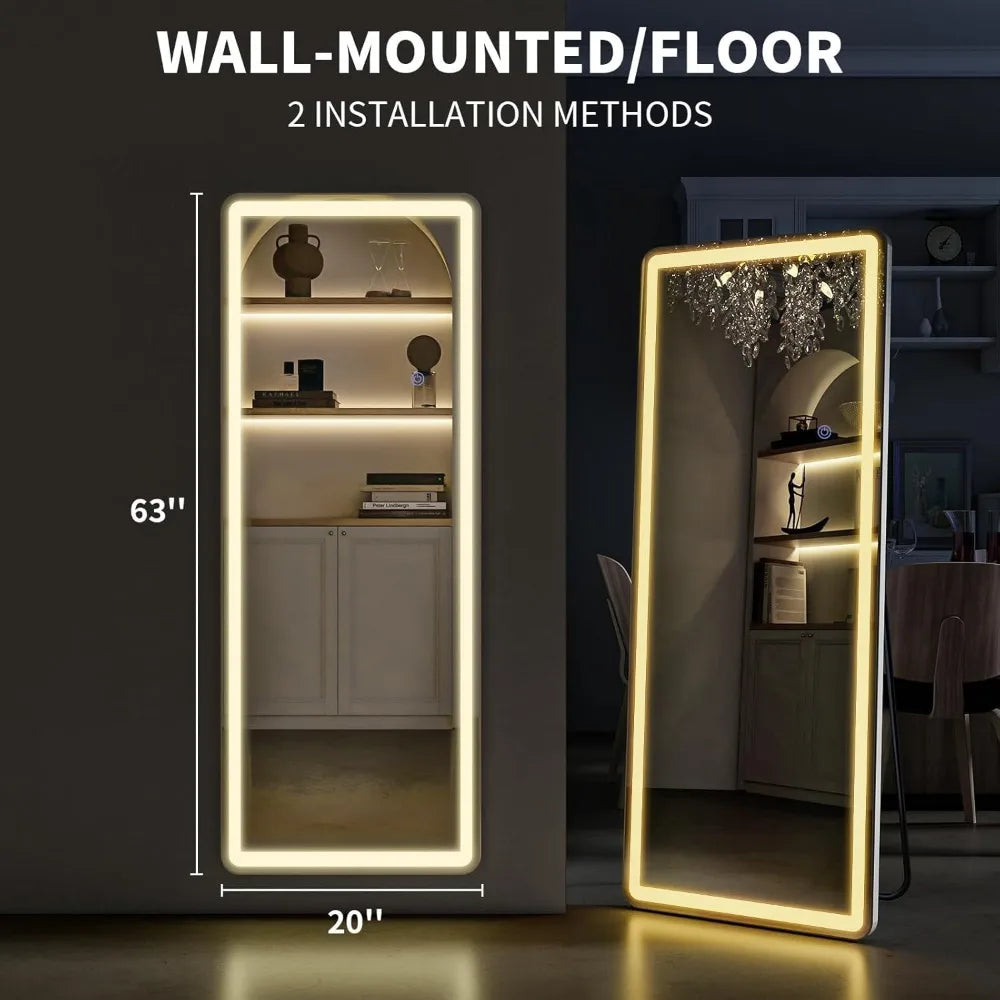 LED Floor Mirror With Three Lighting Modes For Full View