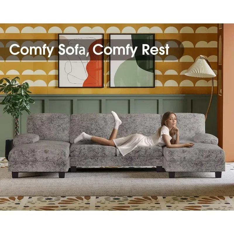 U Shaped Linen Sectional Sofa With Double Chaise Living