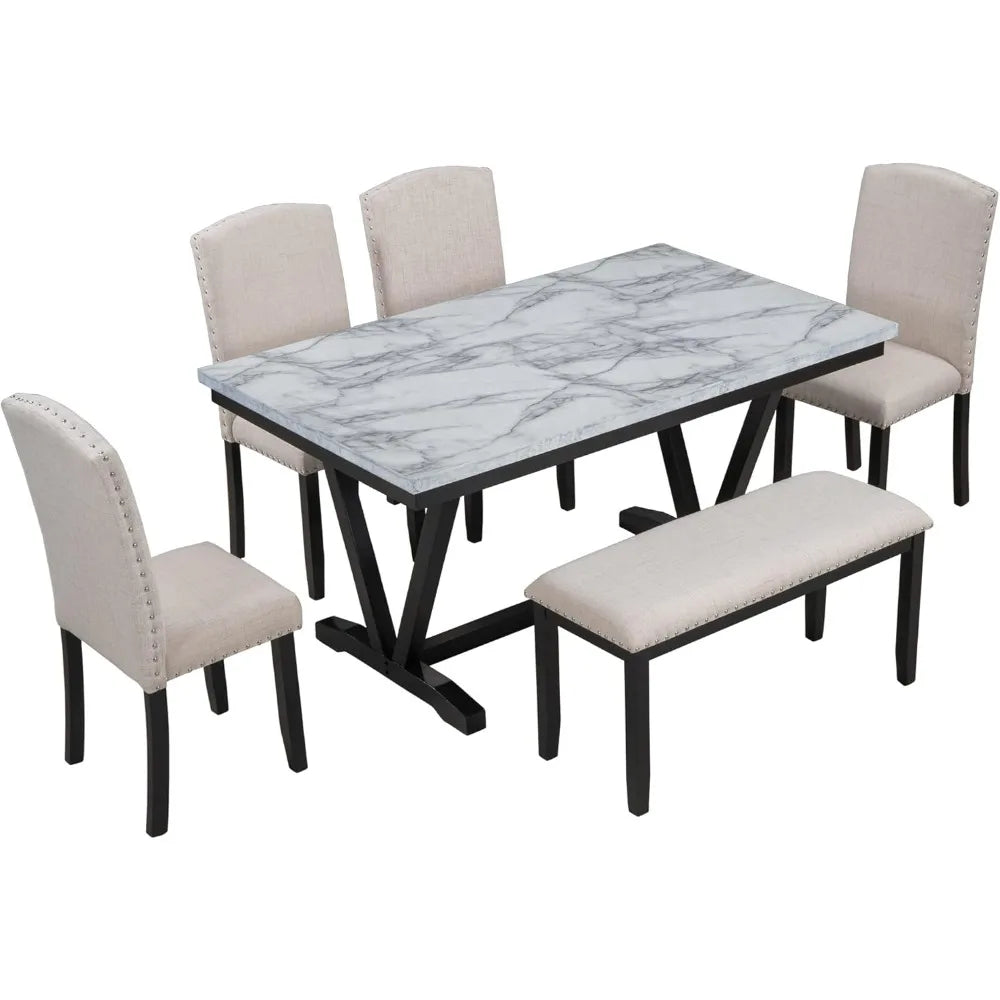 Solid Wood Faux Marble Dining Table Set With Bench