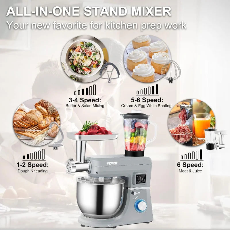 Six Speed Stand Mixer With LCD Display And Meat Grinder