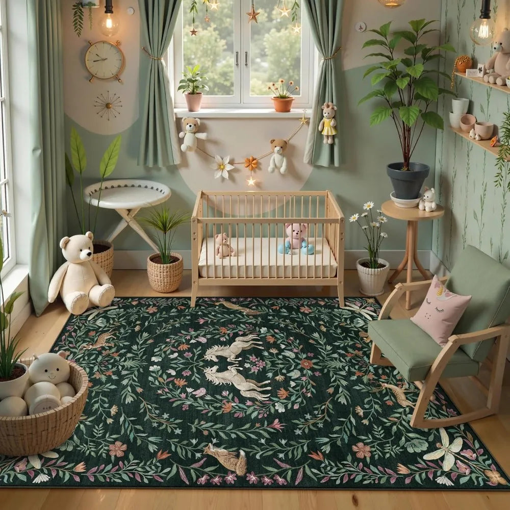 Machine Washable Non Slip Low Pile Rugs With Unicorn Motifs