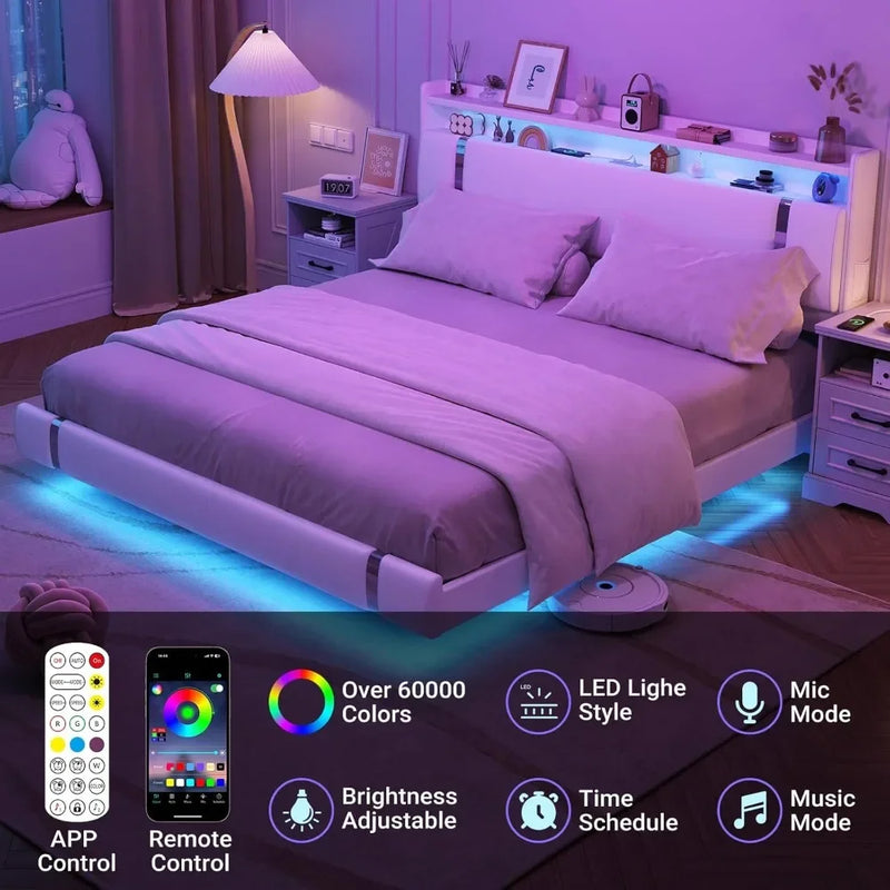 Floating Bed Frame With LED Charging Storage Headboard