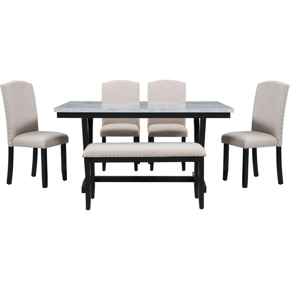 Solid Wood Faux Marble Dining Table Set With Bench