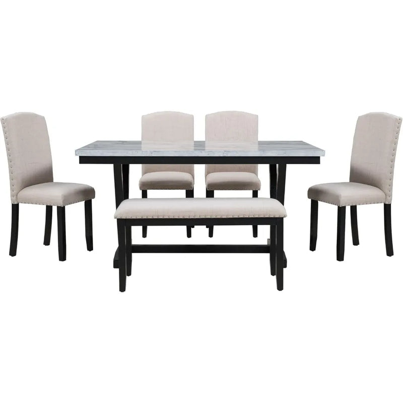 Solid Wood Faux Marble Dining Table Set With Bench