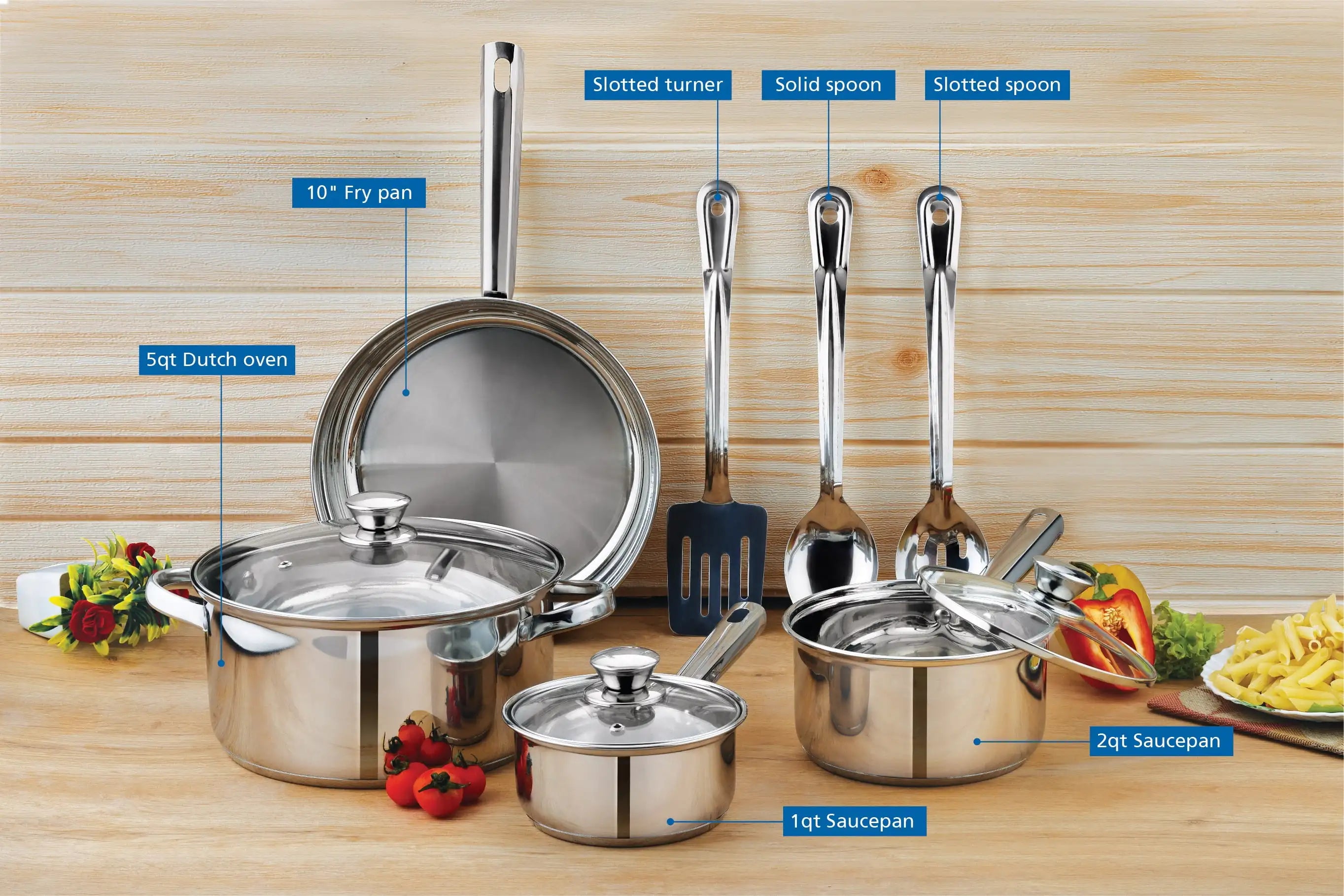 Ten Piece Nonstick Stainless Steel Cookware Set for Everyday