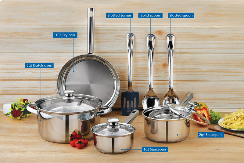Ten Piece Nonstick Stainless Steel Cookware Set for Everyday