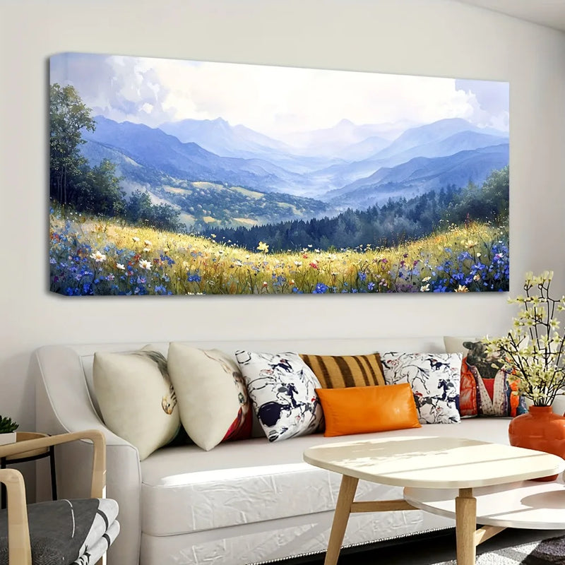 Mirrors and Frames/1.5 inch thick pine solid wood frame, forest fresco scenery, mist filled nature paintings, modern indigo green scenery